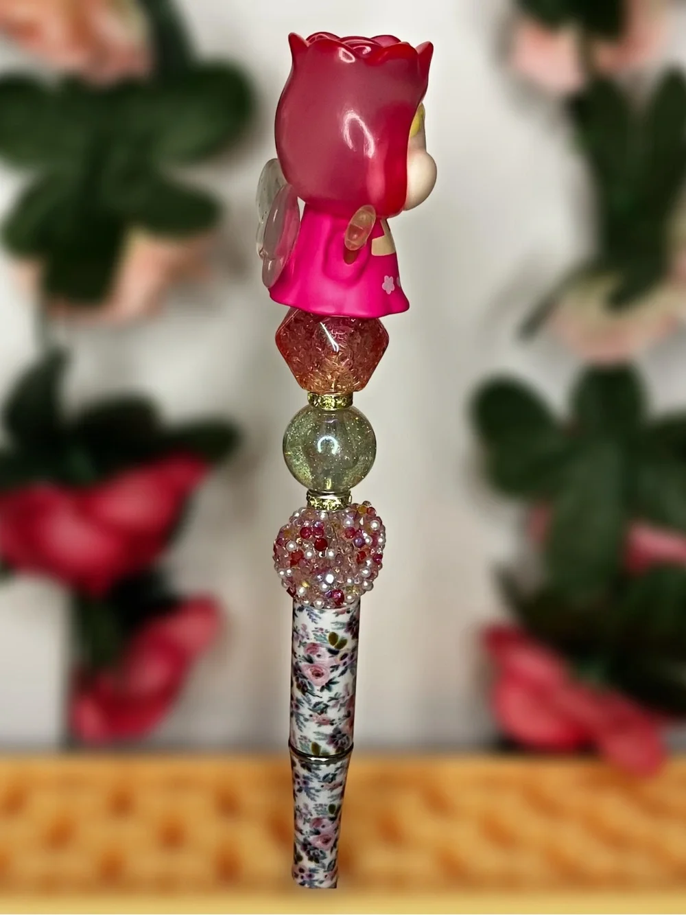 Pink Flower Fairy Handmade Beaded Pen with Floral Print Barrel
